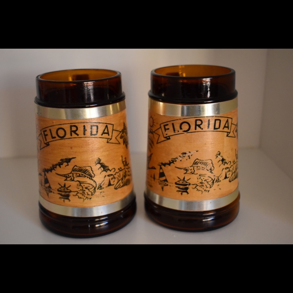 Vintage Florida Amber Glass Mug With Wooden Handle